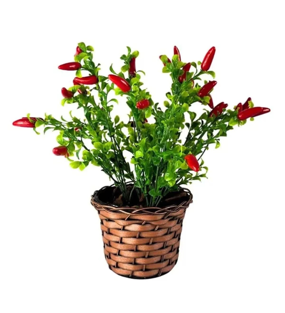 Arranjo de Pimenta Artificial Vermelha em Vaso de Palha