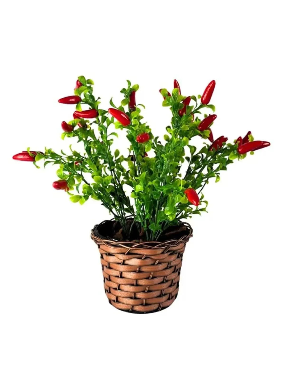 Arranjo de Pimenta Artificial Vermelha em Vaso de Palha