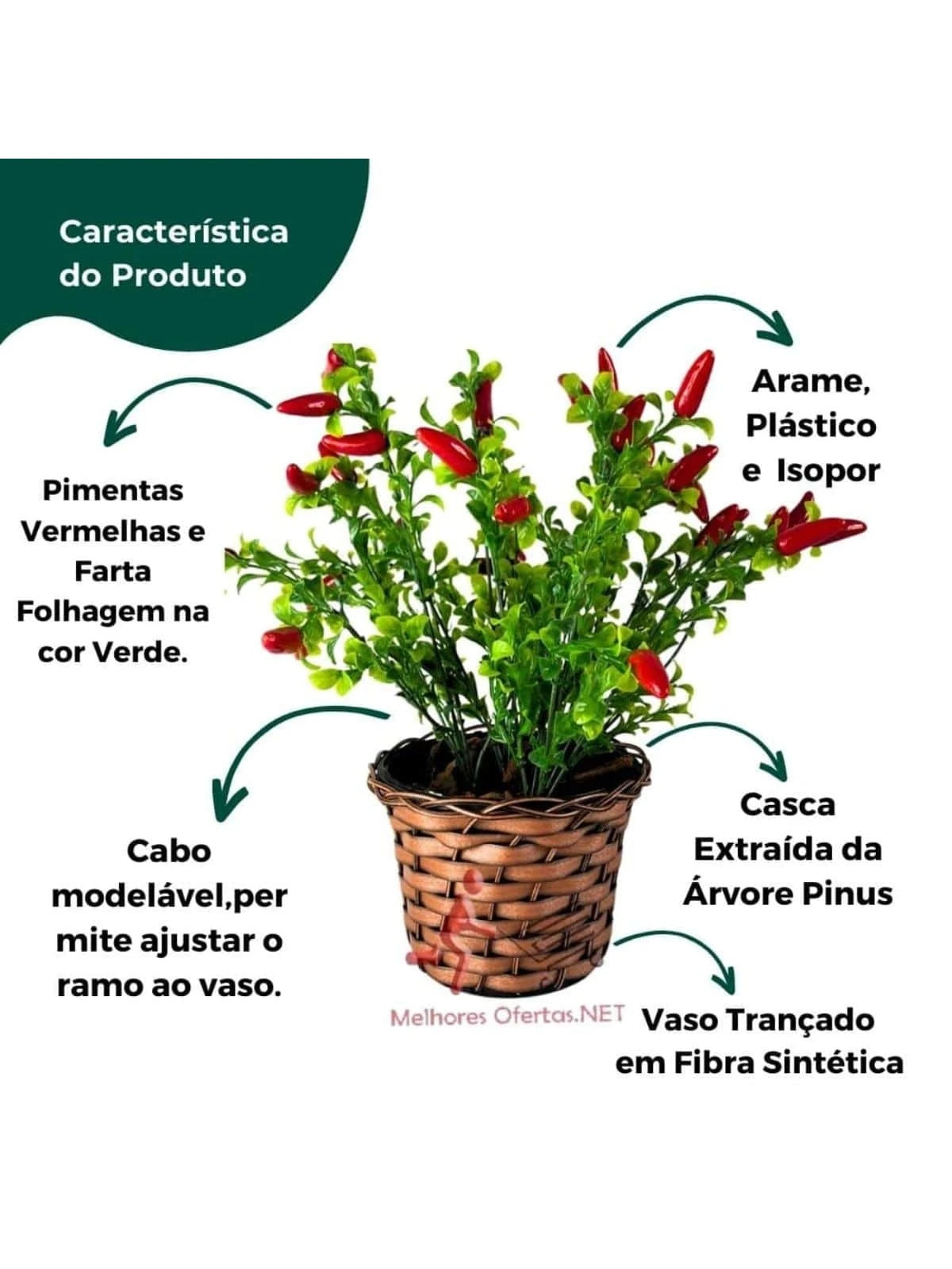 Arranjo de Pimenta Artificial Vermelha em Vaso de Palha