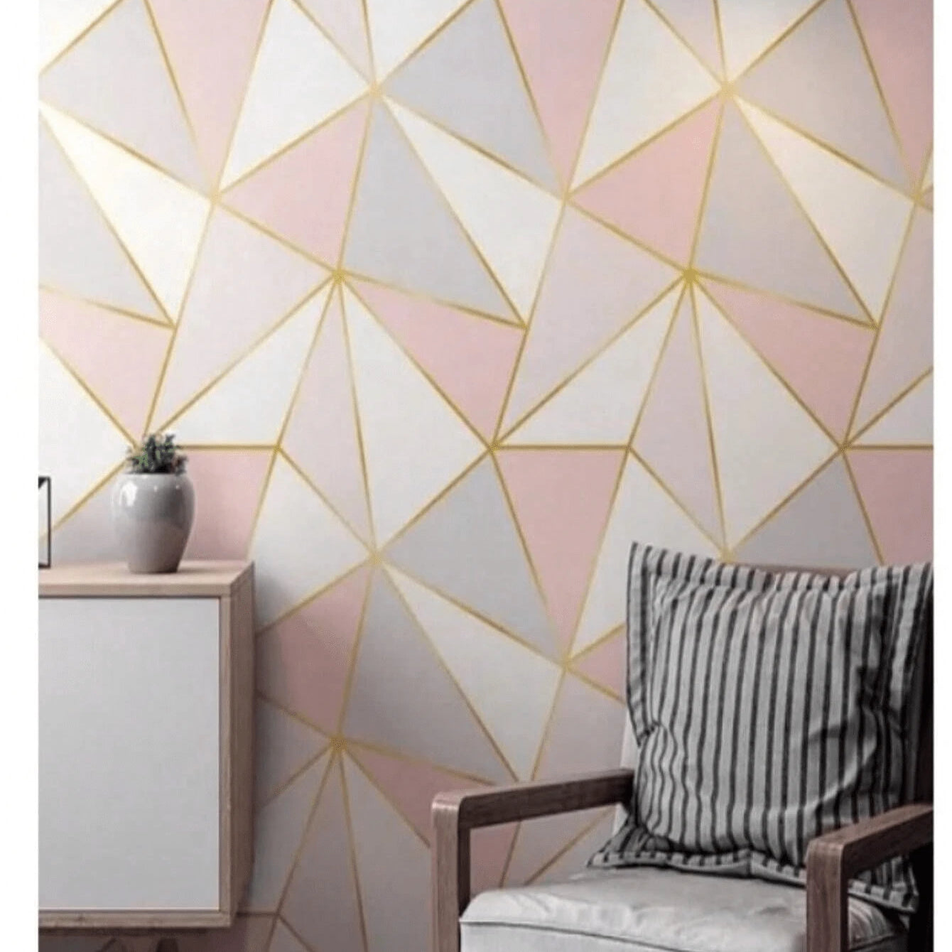 Papel de Parede Autoadesivo Geométrico Rosa com Linhas Douradas