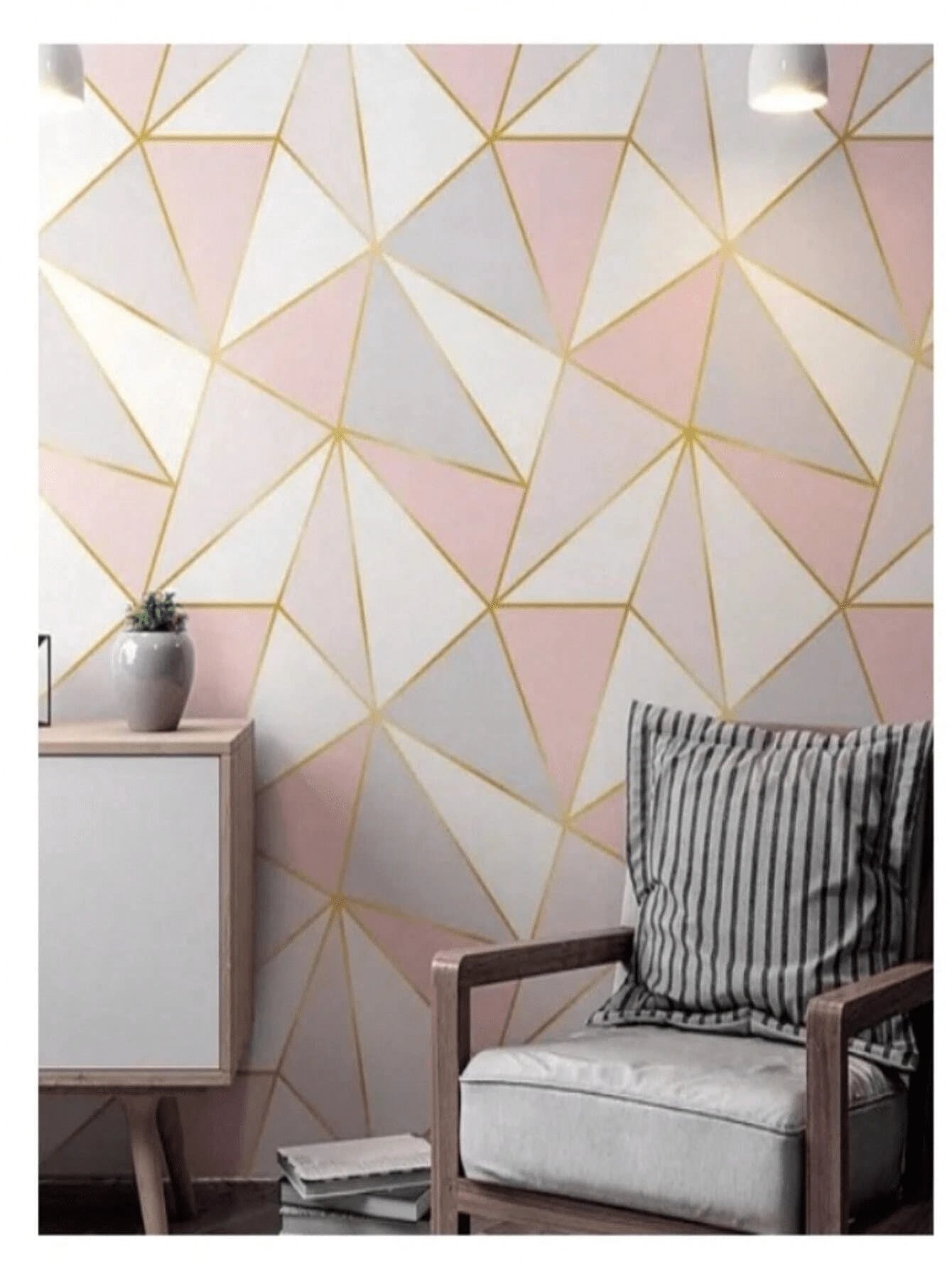 Papel de Parede Autoadesivo Geométrico Rosa com Linhas Douradas