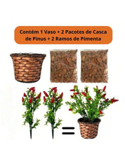 Arranjo de Pimenta Artificial Vermelha em Vaso de Palha