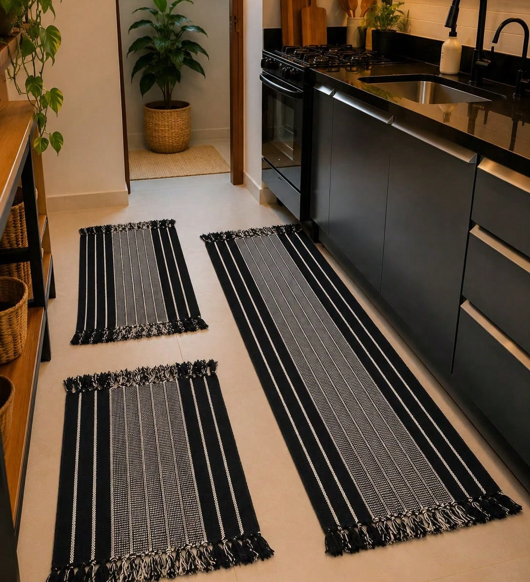 Kit Tapete de Cozinha 3 Peças Passadeira Preto Listrado Algodão