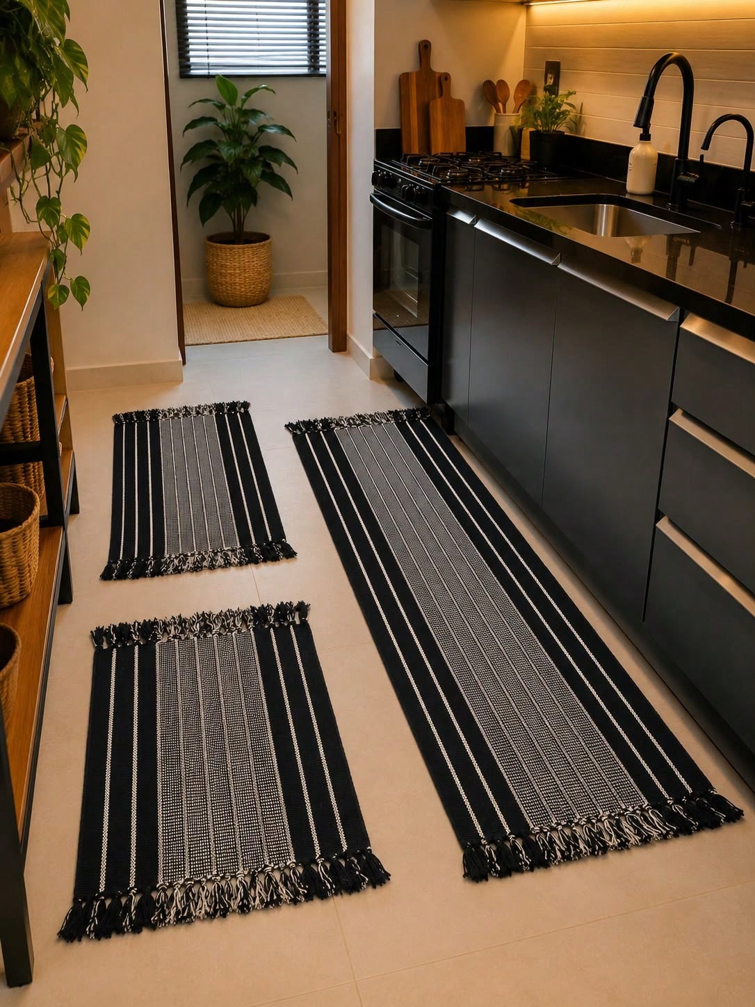 Kit Tapete de Cozinha 3 Peças Passadeira Preto Listrado Algodão